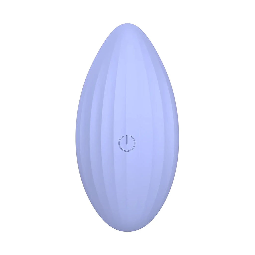 SxE Destiny vibrating massager is a smooth lavender silicone egg-shaped device with vertical ridges and a power button