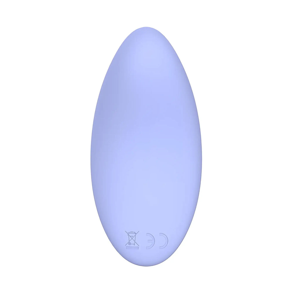 A smooth light purple silicone sx e destiny vibrating massager with embossed certification marks visible