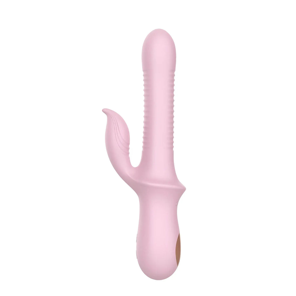 Pink silicone rabbit vibrator with textured ridges and smooth rounded handle from sxe fannie usb multi-mode model