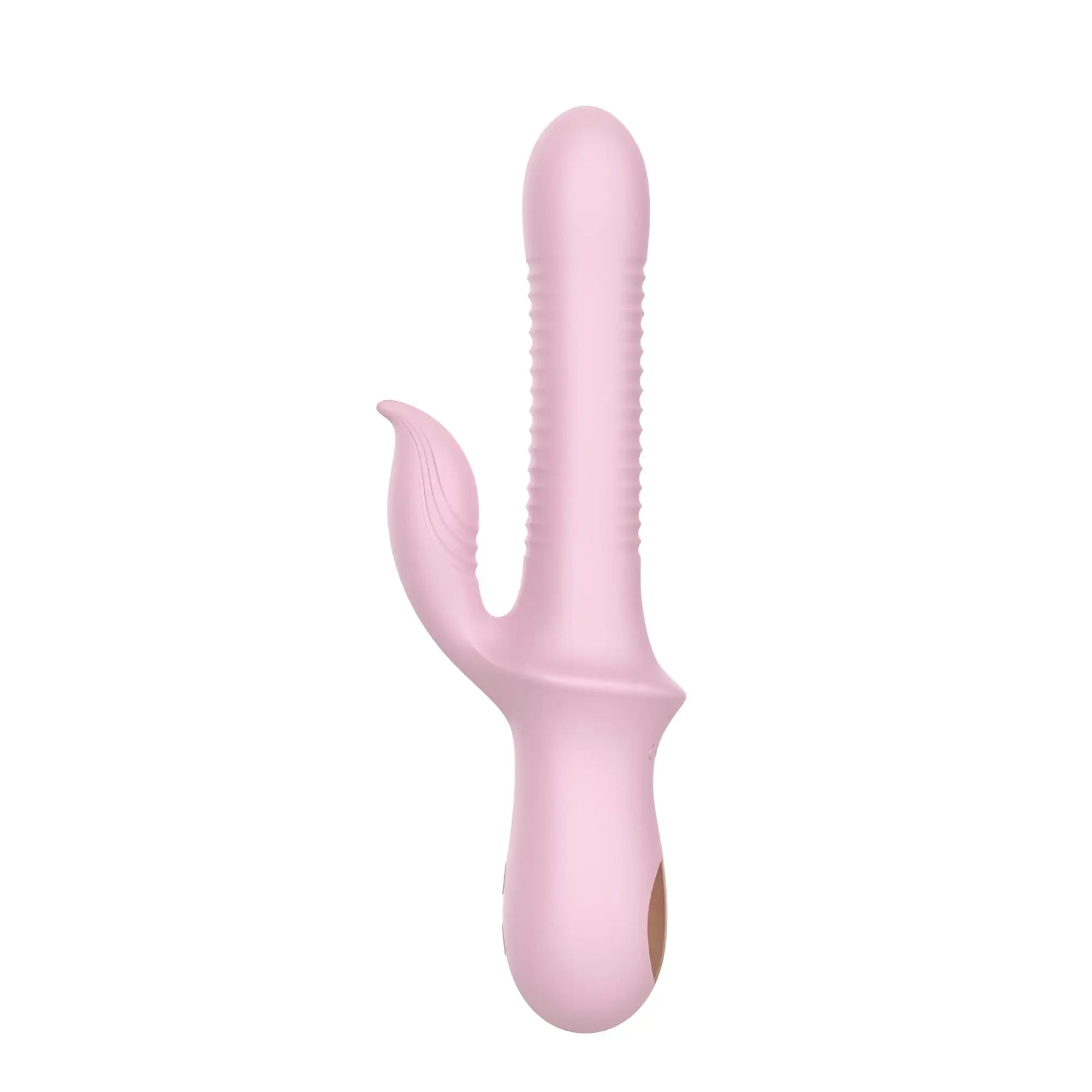 Pink silicone rabbit vibrator with textured ridges and smooth rounded handle from sxe fannie usb multi-mode model