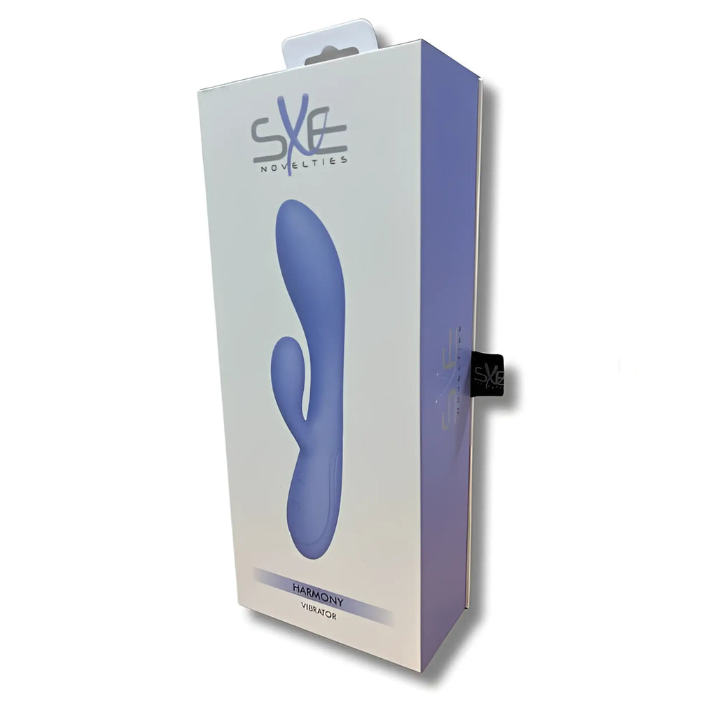 Purple sxe novelties harmony g-spot rabbit vibrator in retail packaging with dual stimulation and soft silicone material