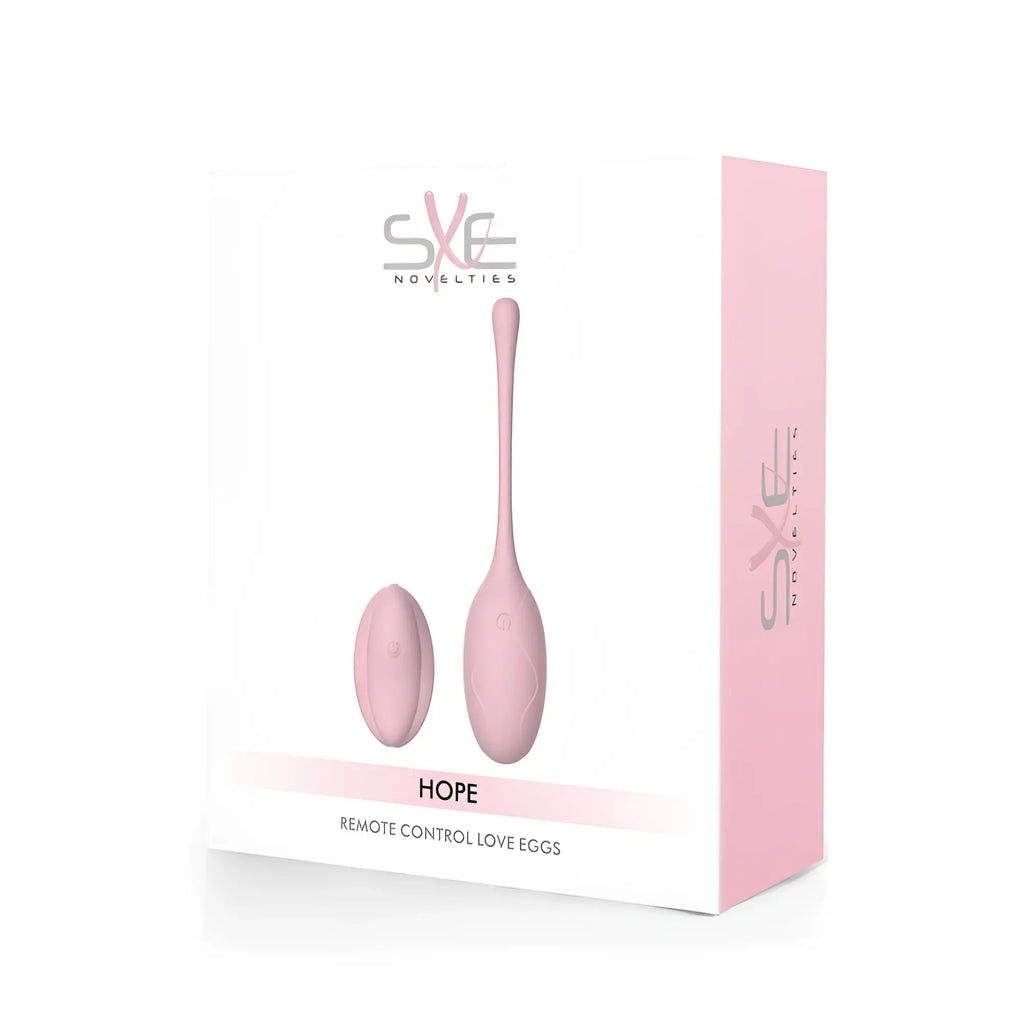 Pink sxe hope remote control silicone love eggs in packaging showing two pink vibrator novelties