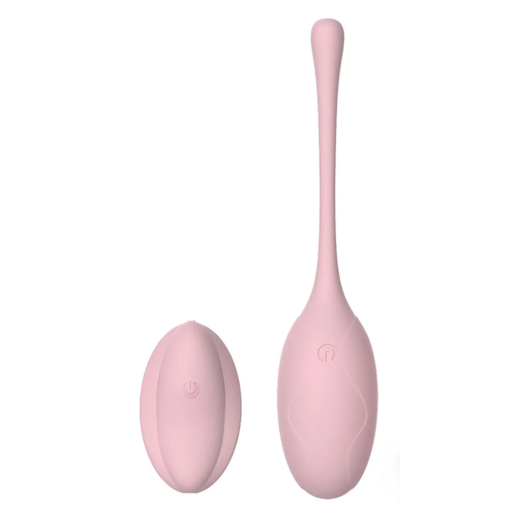 Pink silicone egg-shaped vibrator with long handle and matching remote control from sxe sxe hope collection