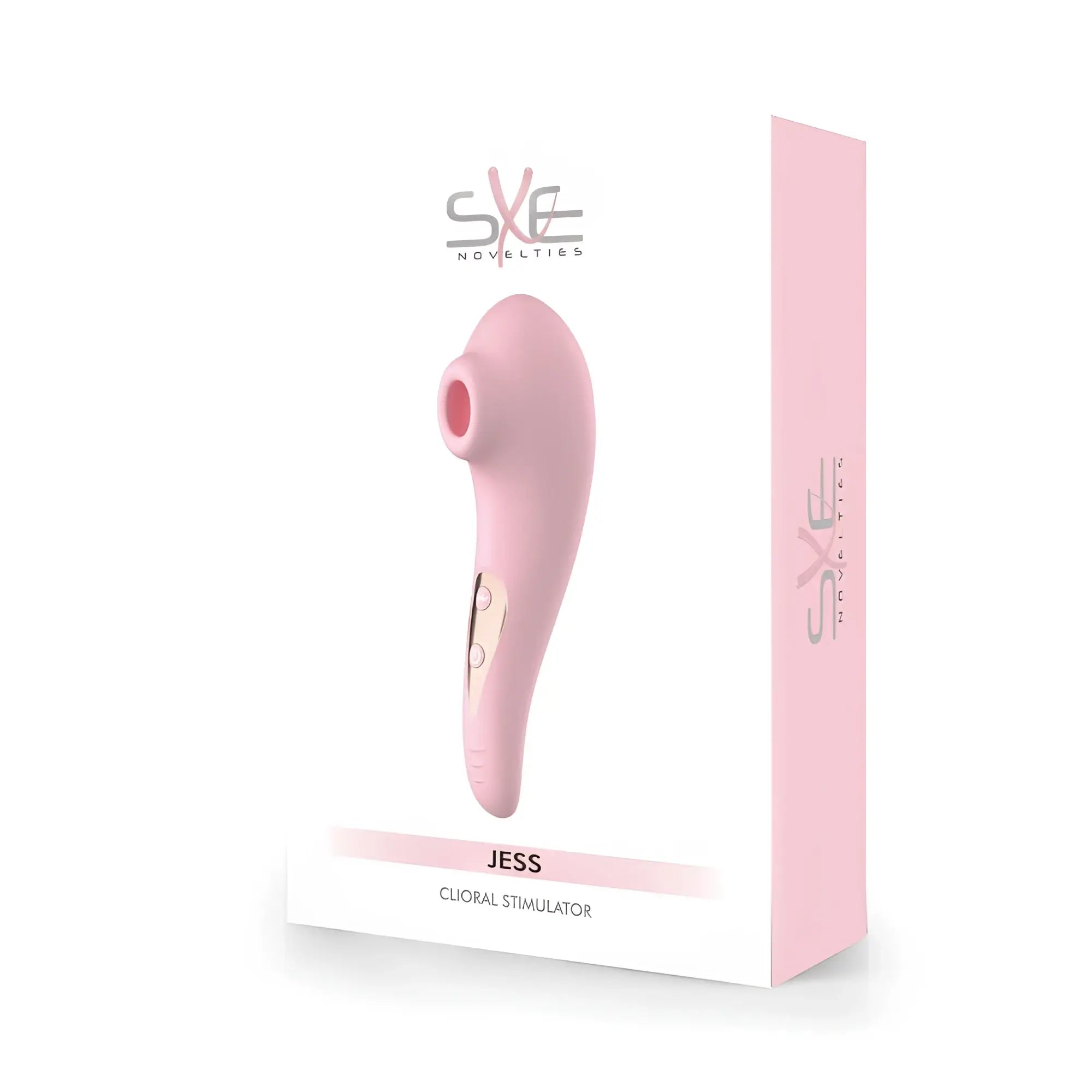 Pink sxe novelties jess clitoral stimulator in sleek smooth silicone with rose gold accent panel for vibrating and sucking stimulation