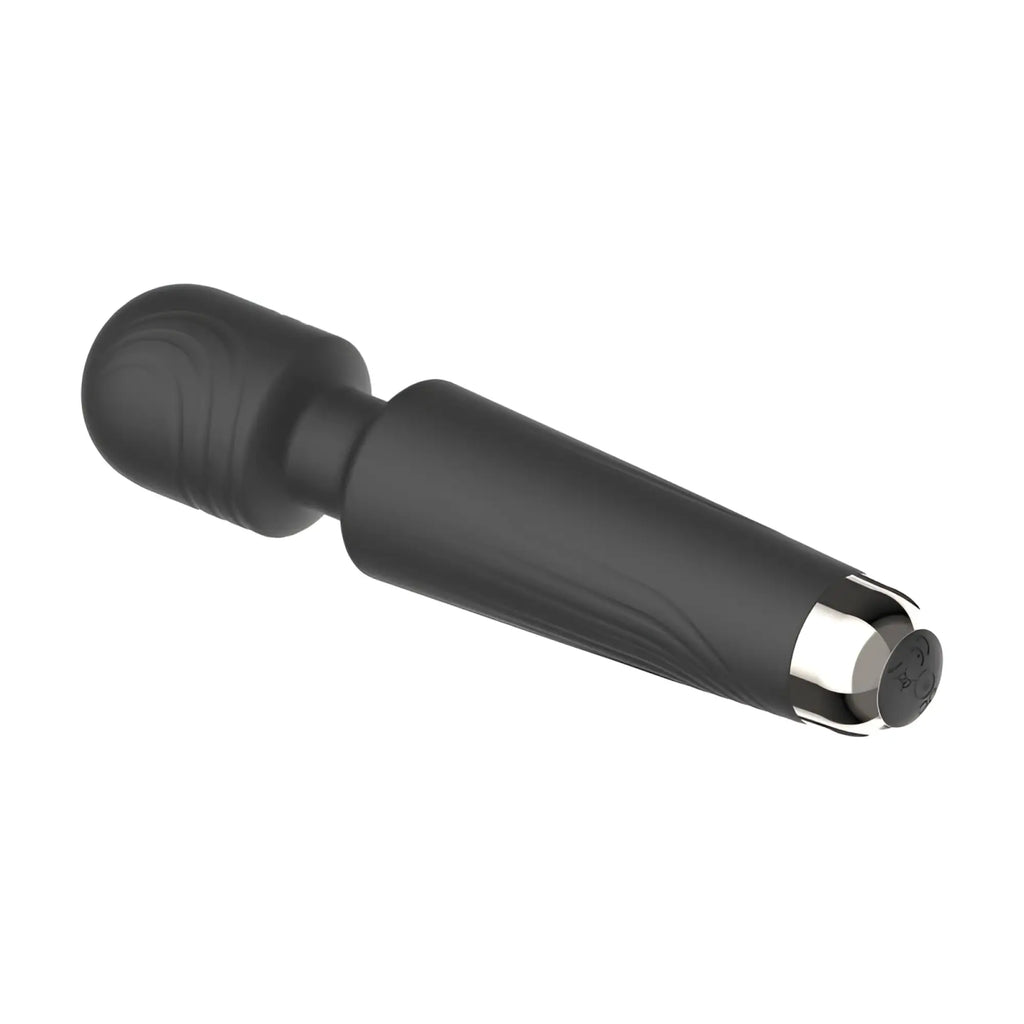 Black silicone massage wand with silver metallic tip and textured grip for sxe sxe juliet usb 20 mode wand