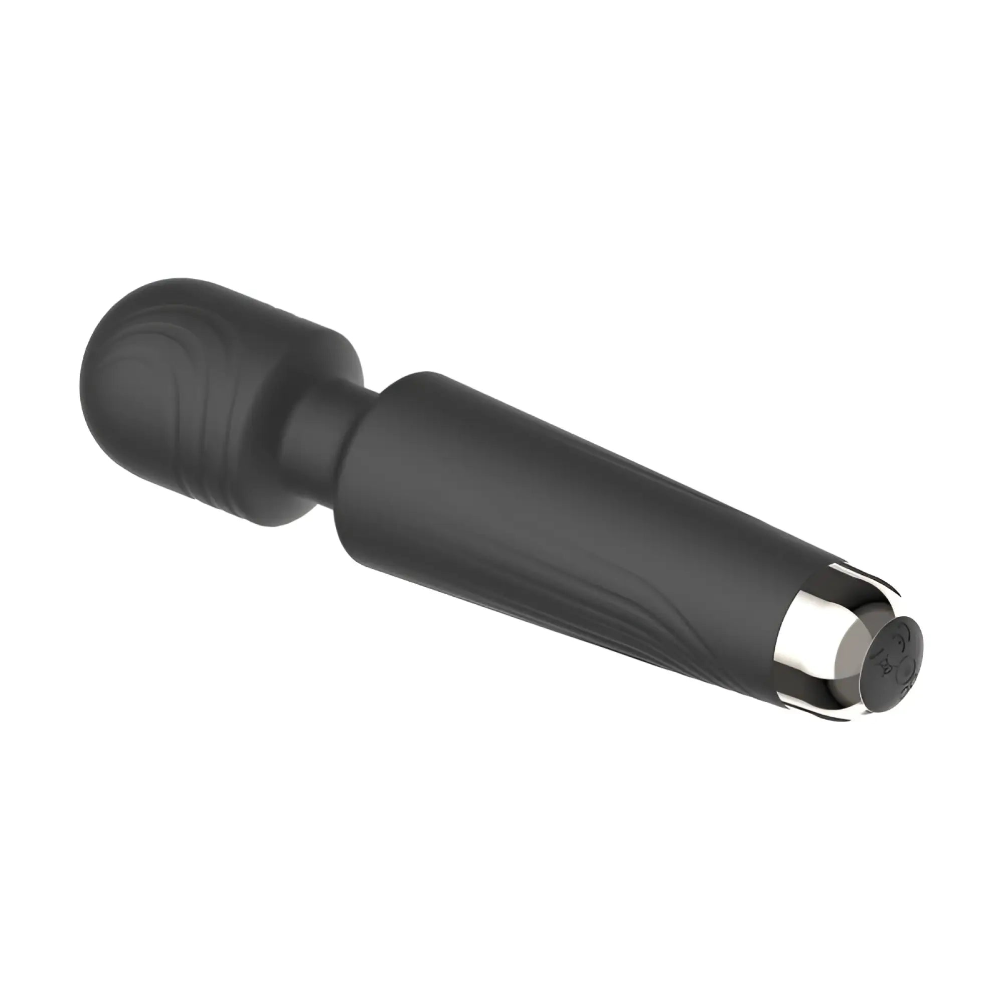 Black silicone massage wand with silver metallic tip and textured grip for sxe sxe juliet usb 20 mode wand
