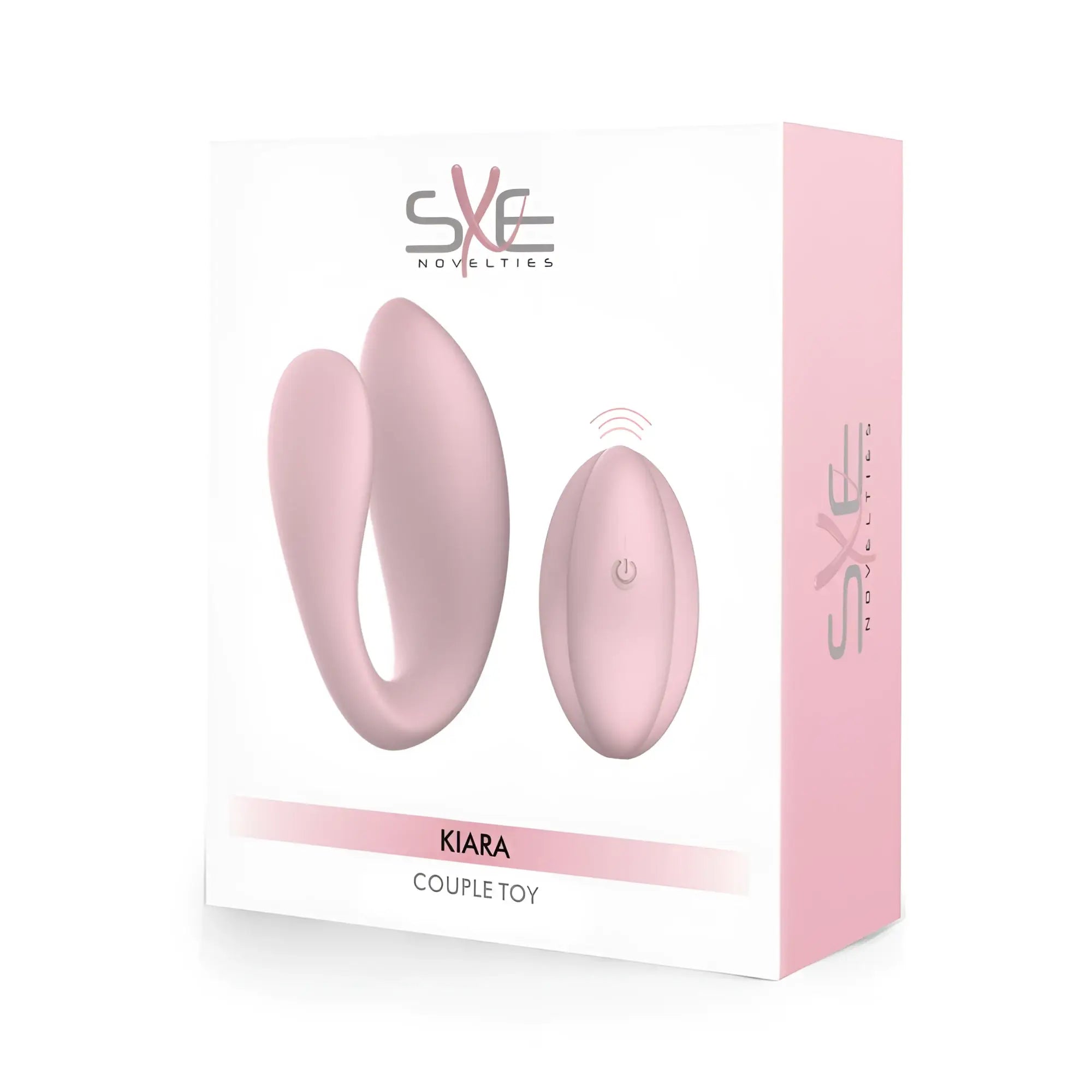 Pink sxe kiara dual motor couples massager with smooth curved design and oval remote control for intimate use