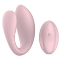 Pink silicone dual-headed vibrator with matching remote control power button sx e kiara dual motor couples massager