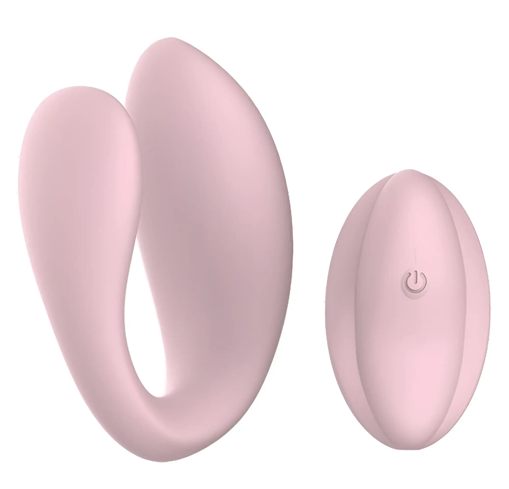 Pink silicone dual-headed vibrator with matching remote control power button sx e kiara dual motor couples massager