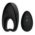 Black silicone SXE knight vibrating cock ring with power button, DC port, and matching remote with wave and pause buttons