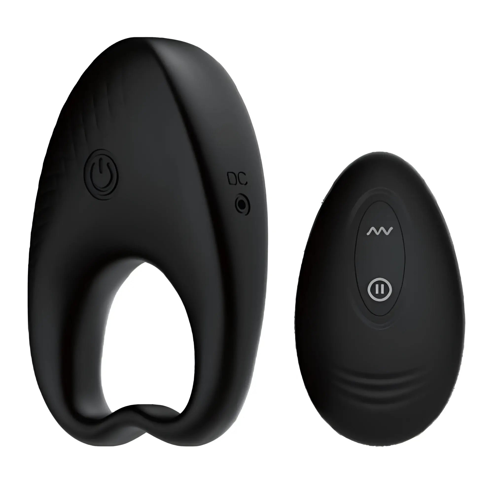 Black silicone SXE knight vibrating cock ring with power button, DC port, and matching remote with wave and pause buttons