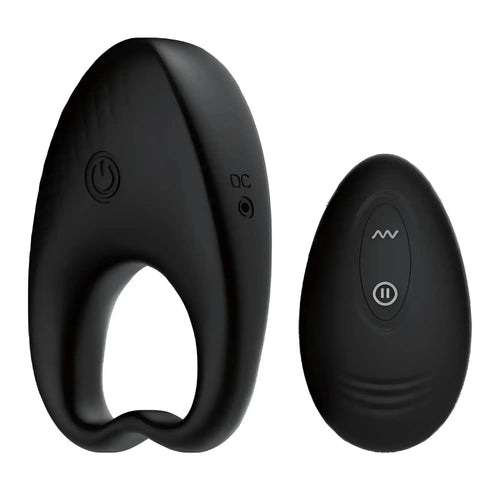 Black silicone SXE knight vibrating cock ring with power button, DC port, and matching remote with wave and pause buttons