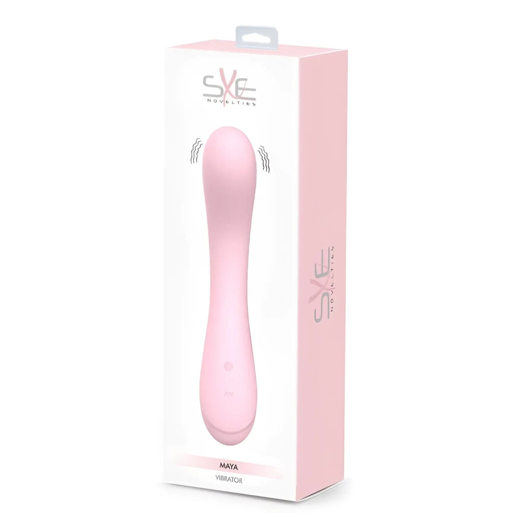 Pink sxe novelties maya silicone vibrator in sleek smooth plastic packaging designed for personal pleasure