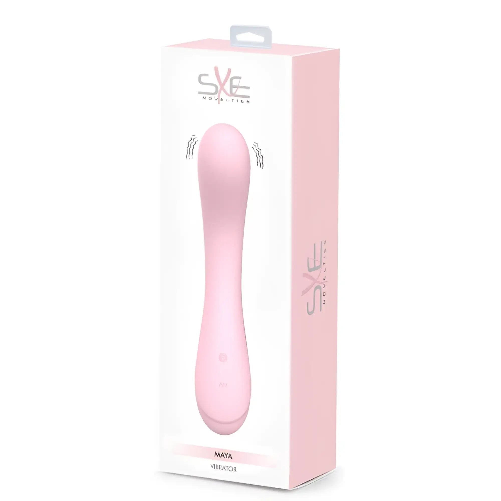 Pink sxe novelties maya silicone vibrator in sleek smooth plastic packaging designed for personal pleasure