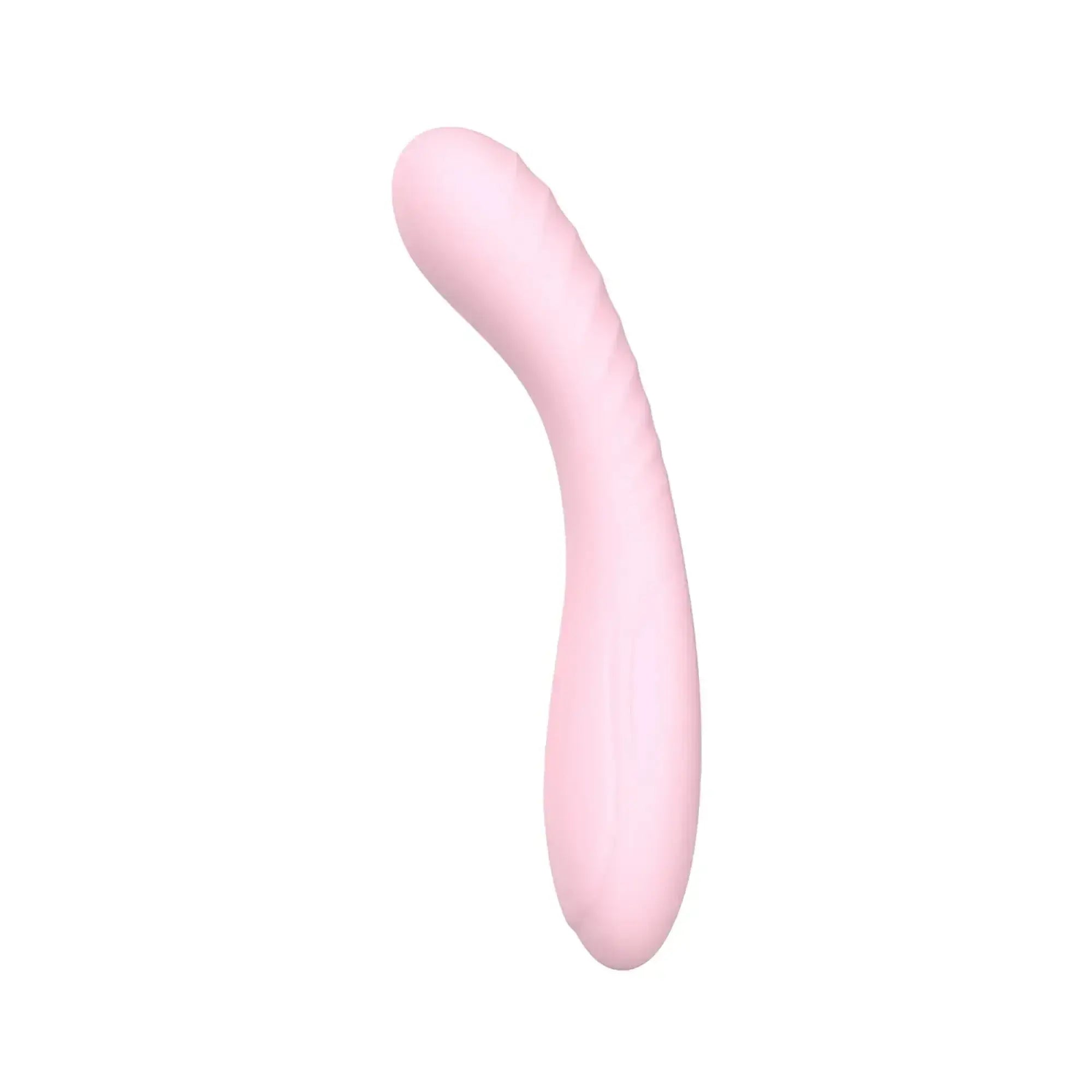 Sxe maya curve silicone vibrator in soft pink with a curved design and textured grip section for comfortable use