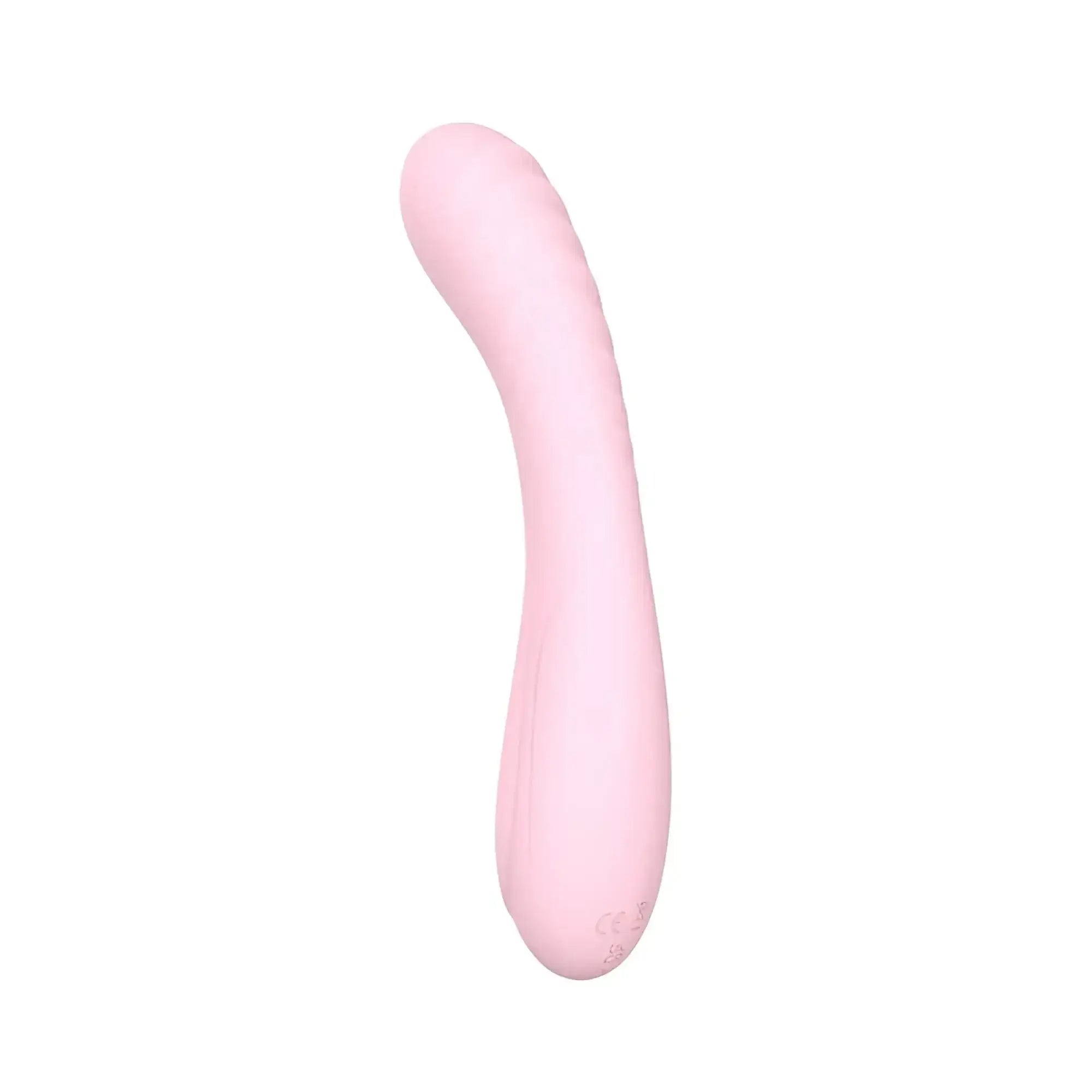 Sxé maya curve silicone vibrator in pink with curved shape and subtle textured ridges along its length
