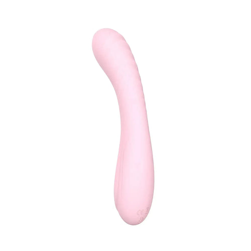 Sxé maya curve silicone vibrator in pink with curved shape and subtle textured ridges along its length