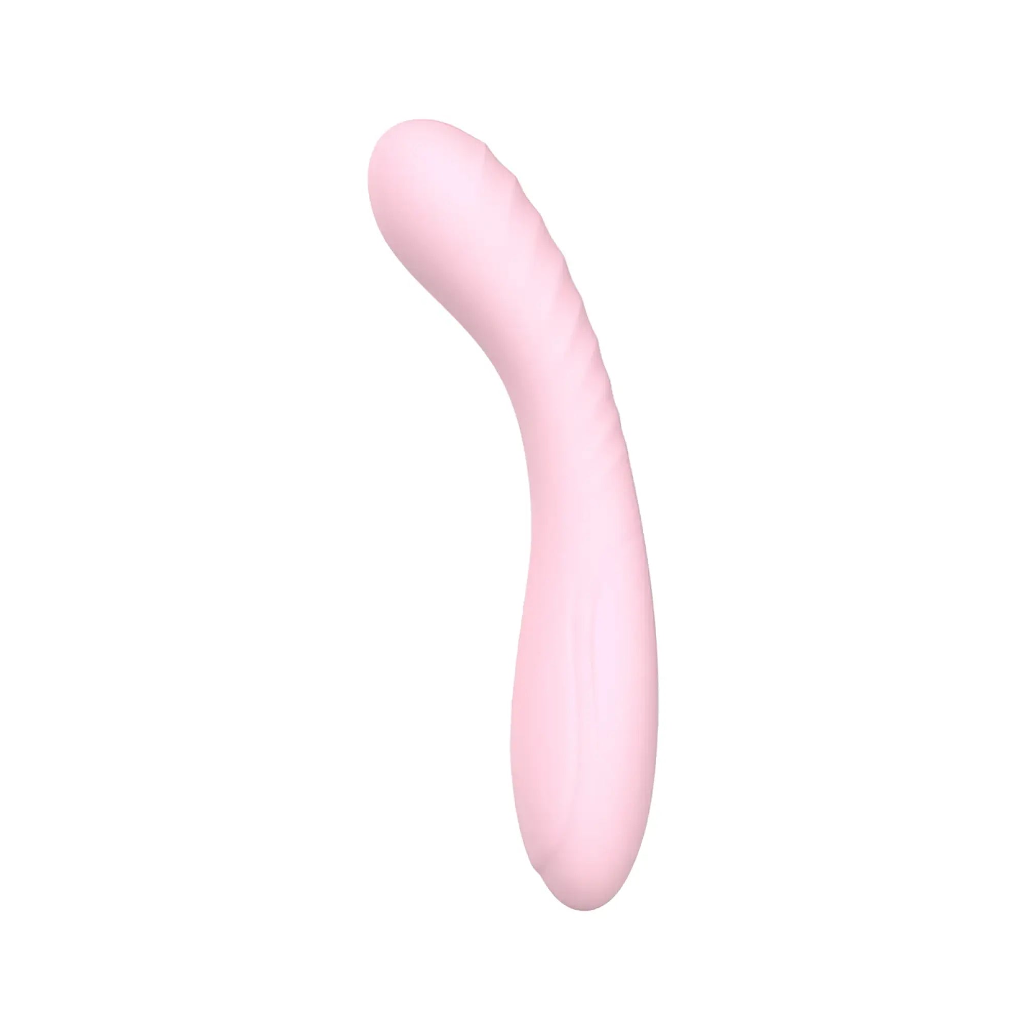 Sxe maya curve silicone vibrator in soft pink with a curved design and textured grip section for comfortable use