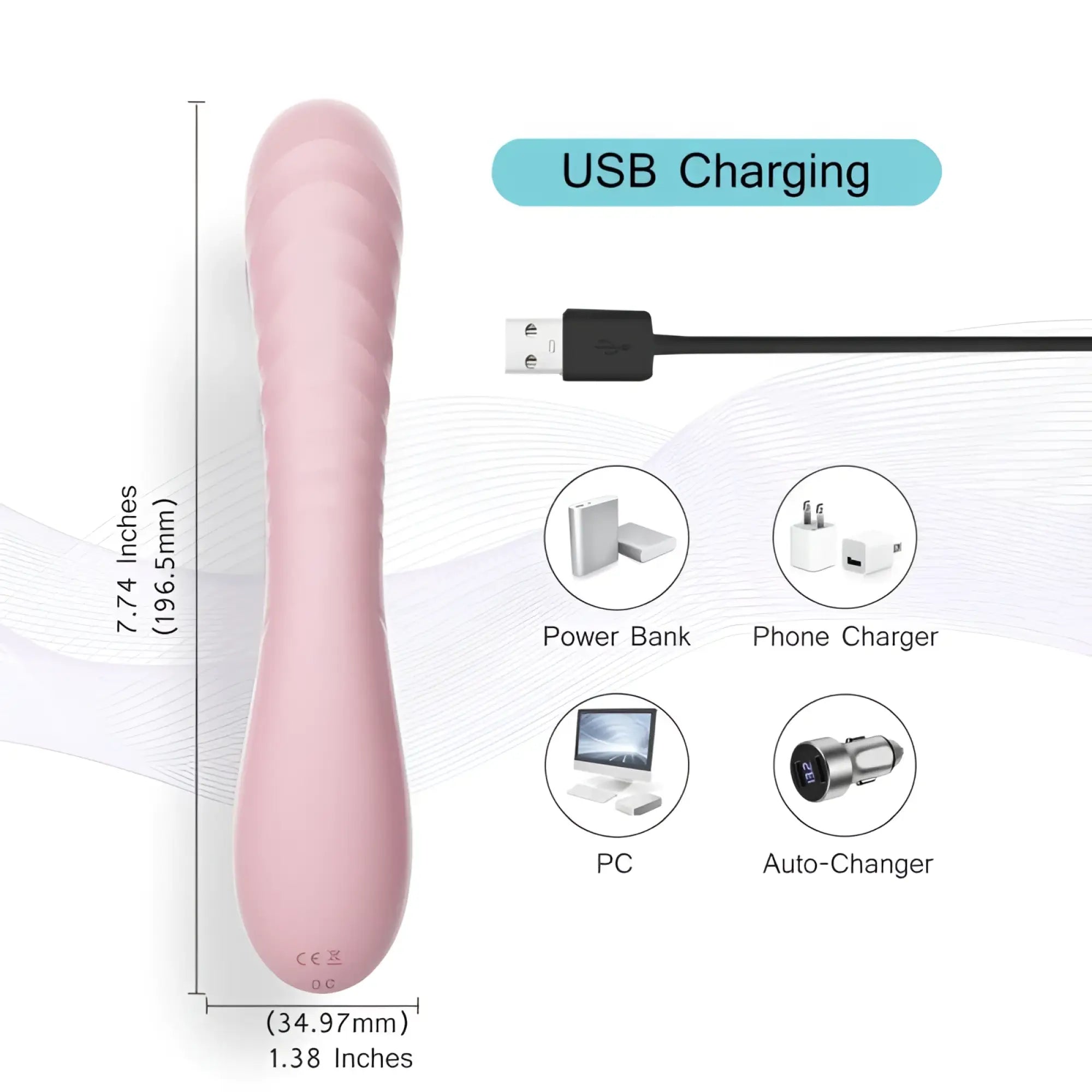 Sxe maya curve silicone vibrator pink with usb charging cable and multiple power source compatibility icons