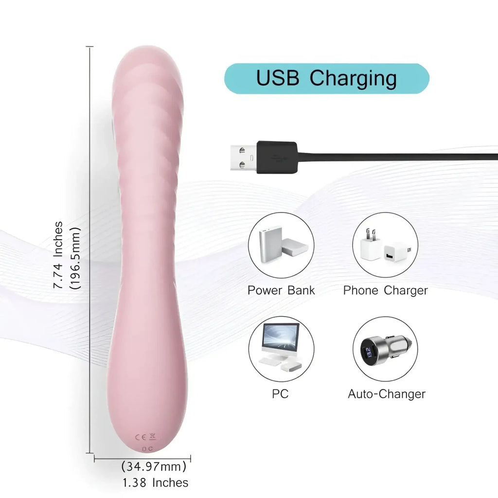 Sxe maya curve silicone vibrator pink with usb charging cable and multiple power source compatibility icons