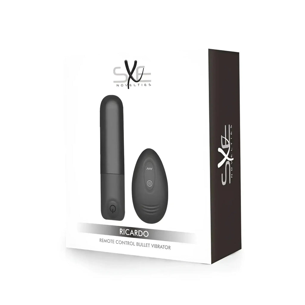 Black remote control bullet vibrator with matching remote packaged in a white and dark brown ricardo by ske novelties box