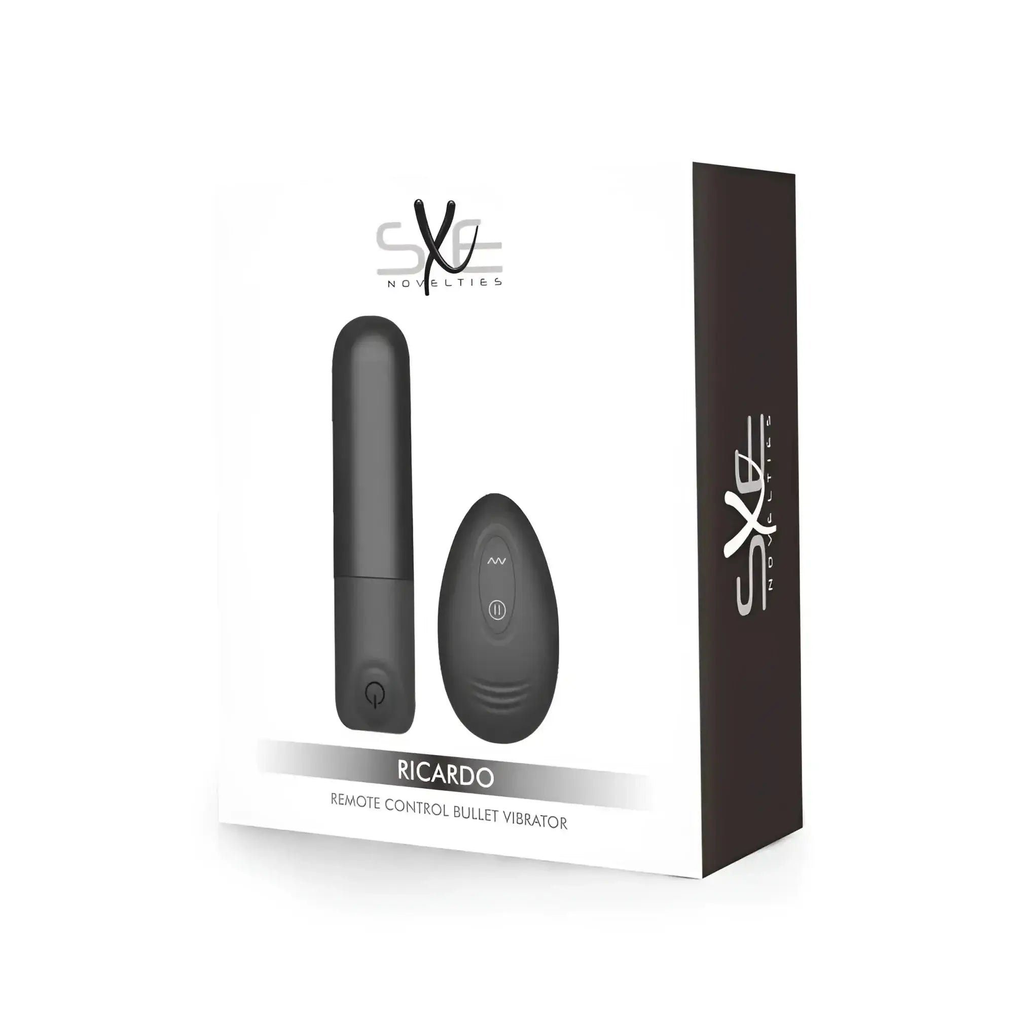 Black remote control bullet vibrator with matching remote packaged in a white and dark brown ricardo by ske novelties box
