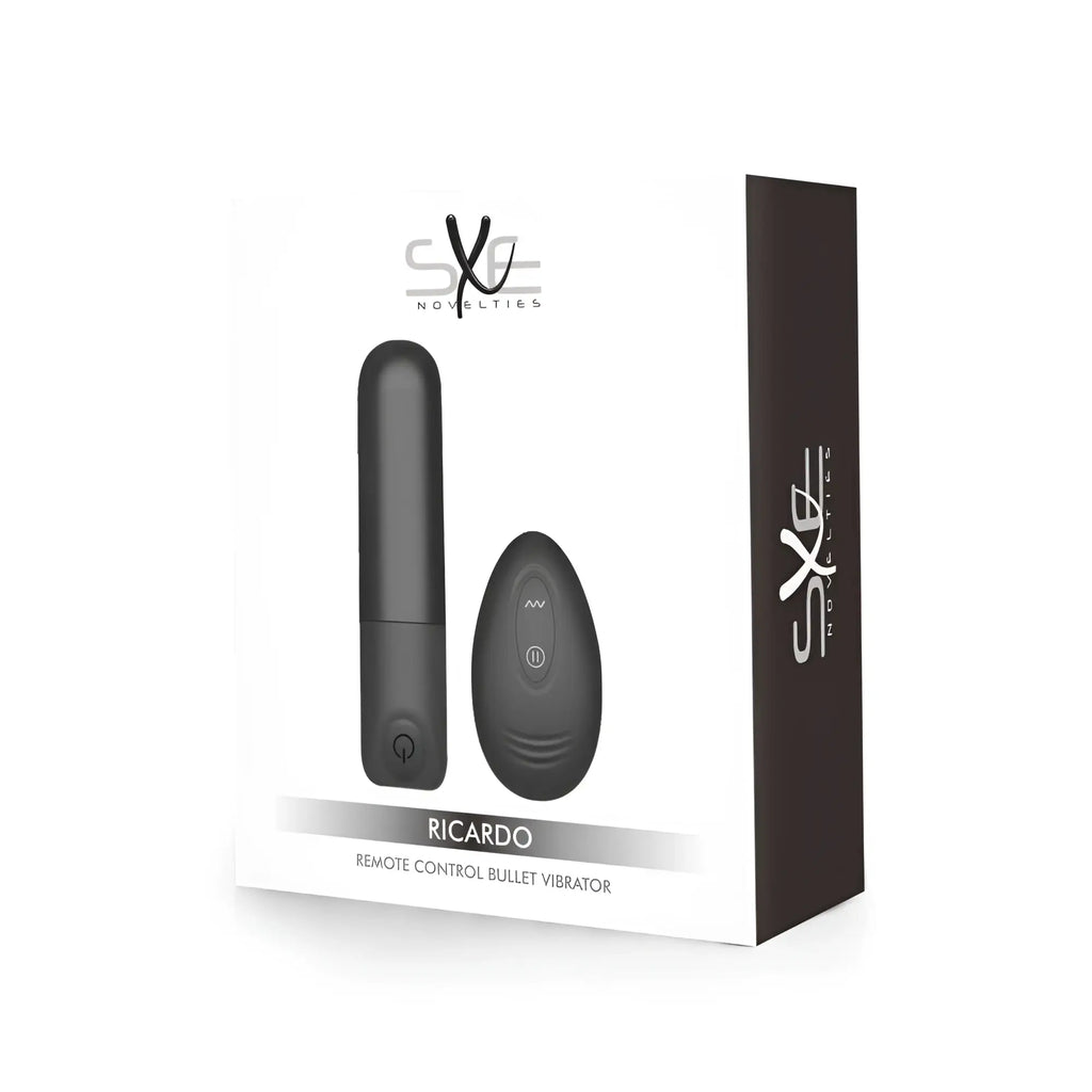 Black remote control bullet vibrator with matching remote packaged in a white and dark brown ricardo by ske novelties box