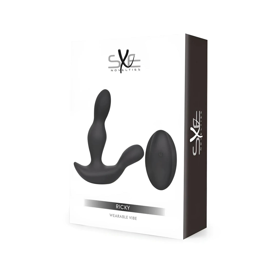 Black silicone wearable vibrator with sleek ergonomic design and oval-shaped remote control from SXE SXE Ricky model