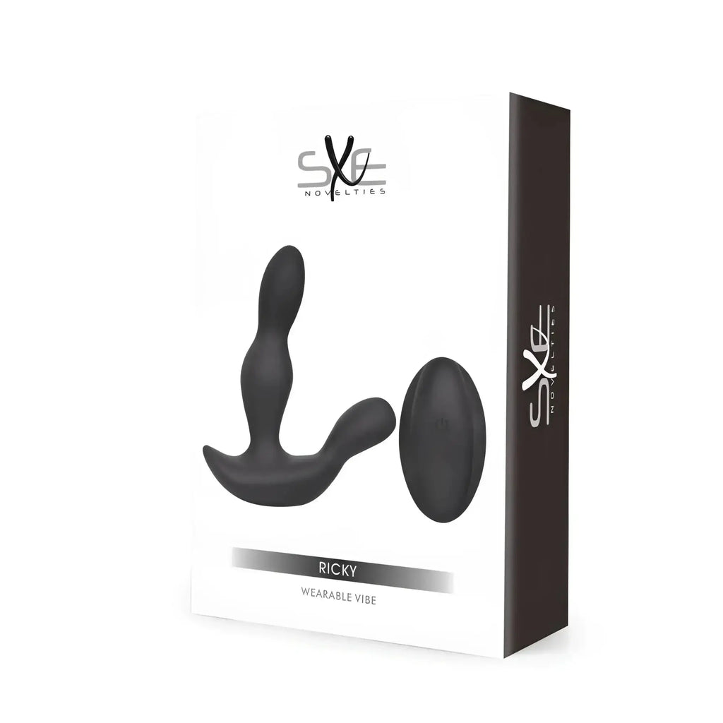 Black silicone wearable vibrator with sleek ergonomic design and oval-shaped remote control from SXE SXE Ricky model