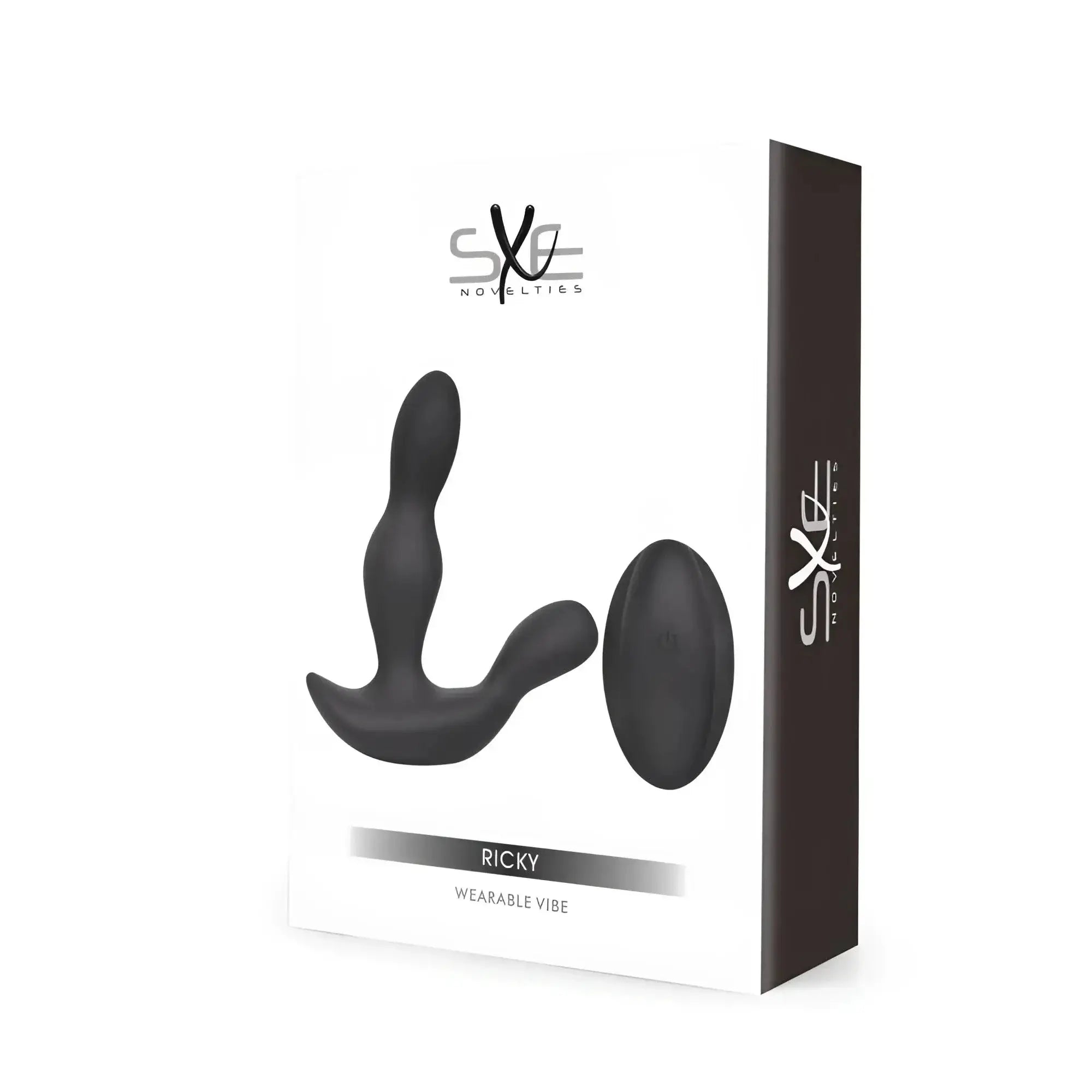 Black silicone wearable vibrator with sleek ergonomic design and oval-shaped remote control from SXE SXE Ricky model