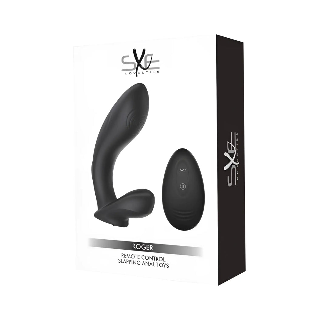 Black silicone remote control anal dildo with matching black oval controller for vibrating and slapping use