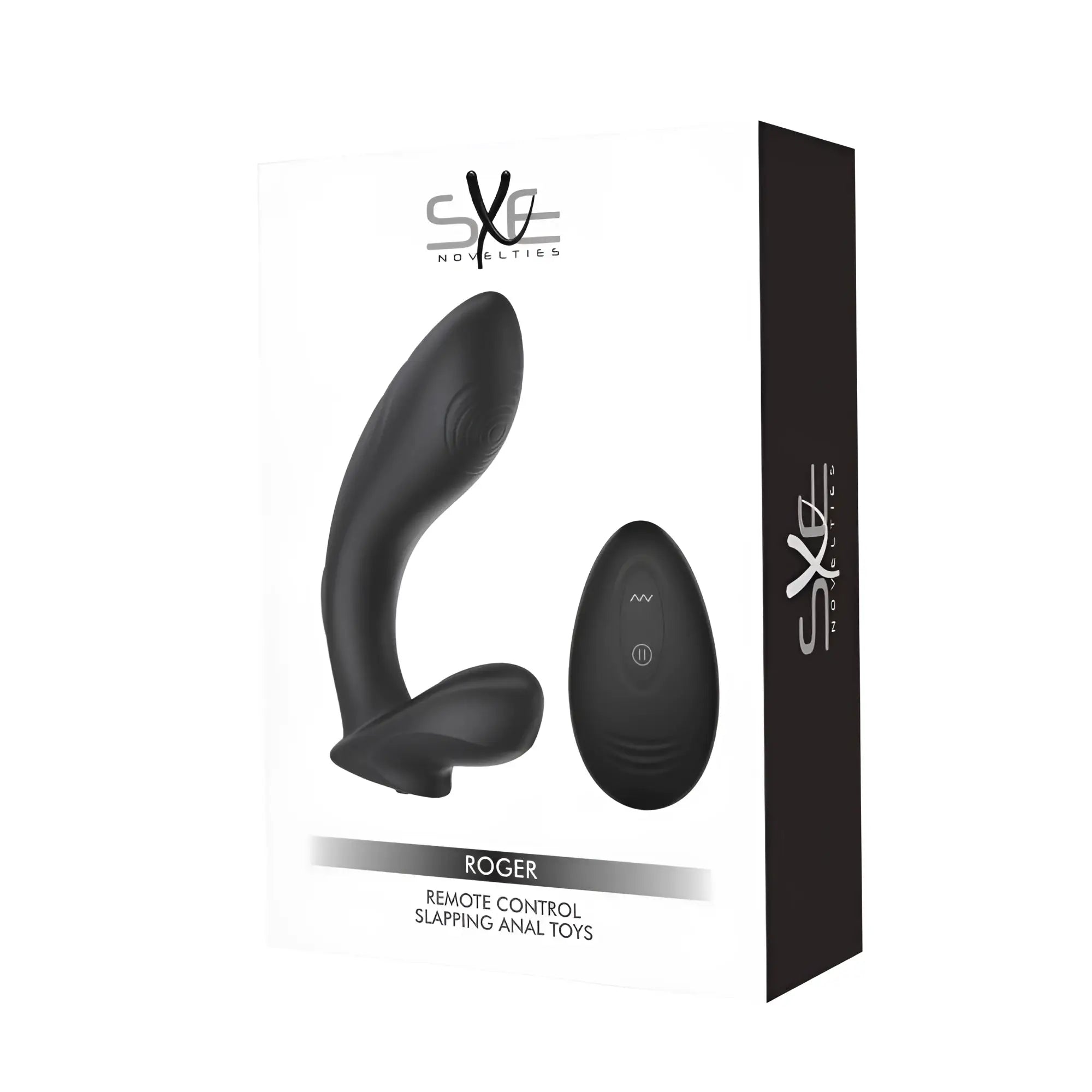 Black silicone remote control anal dildo with matching black oval controller for vibrating and slapping use