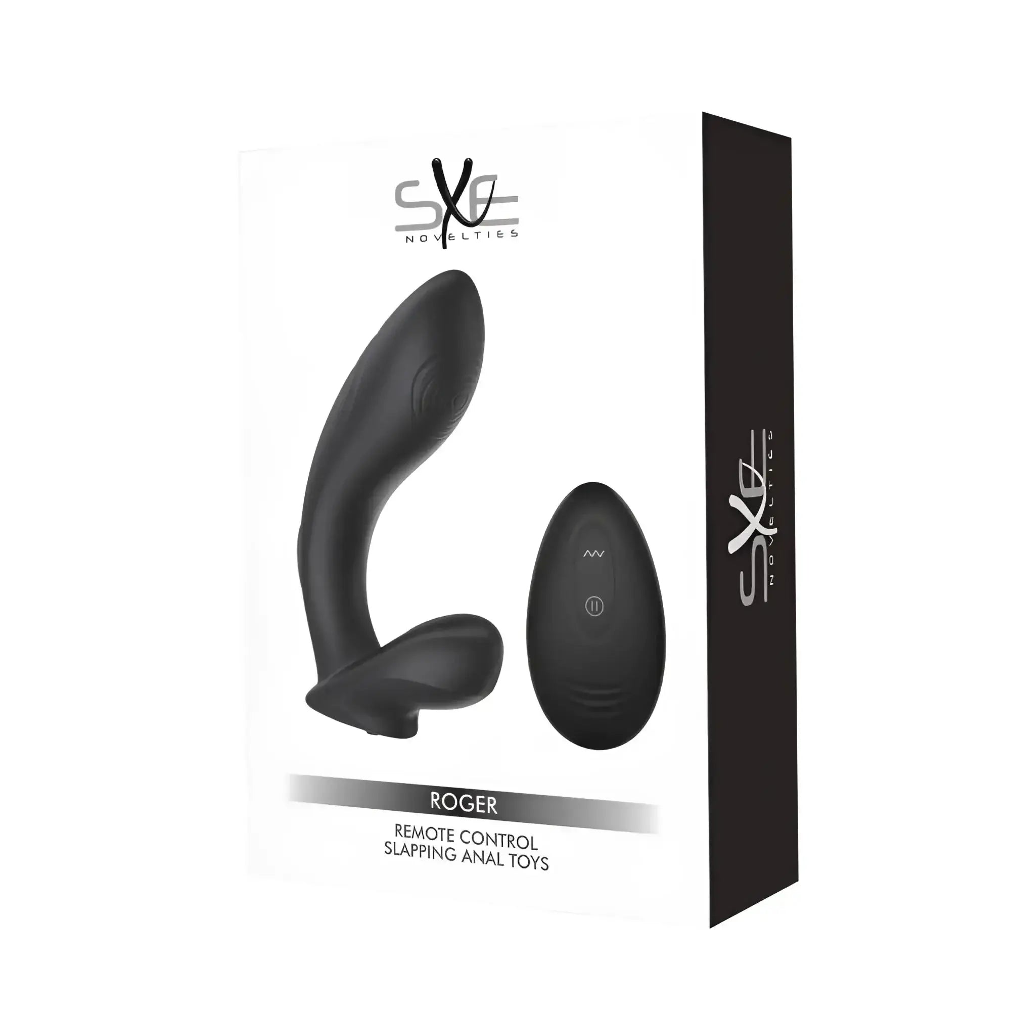 Black silicone remote control anal dildo with matching black oval controller for vibrating and slapping use