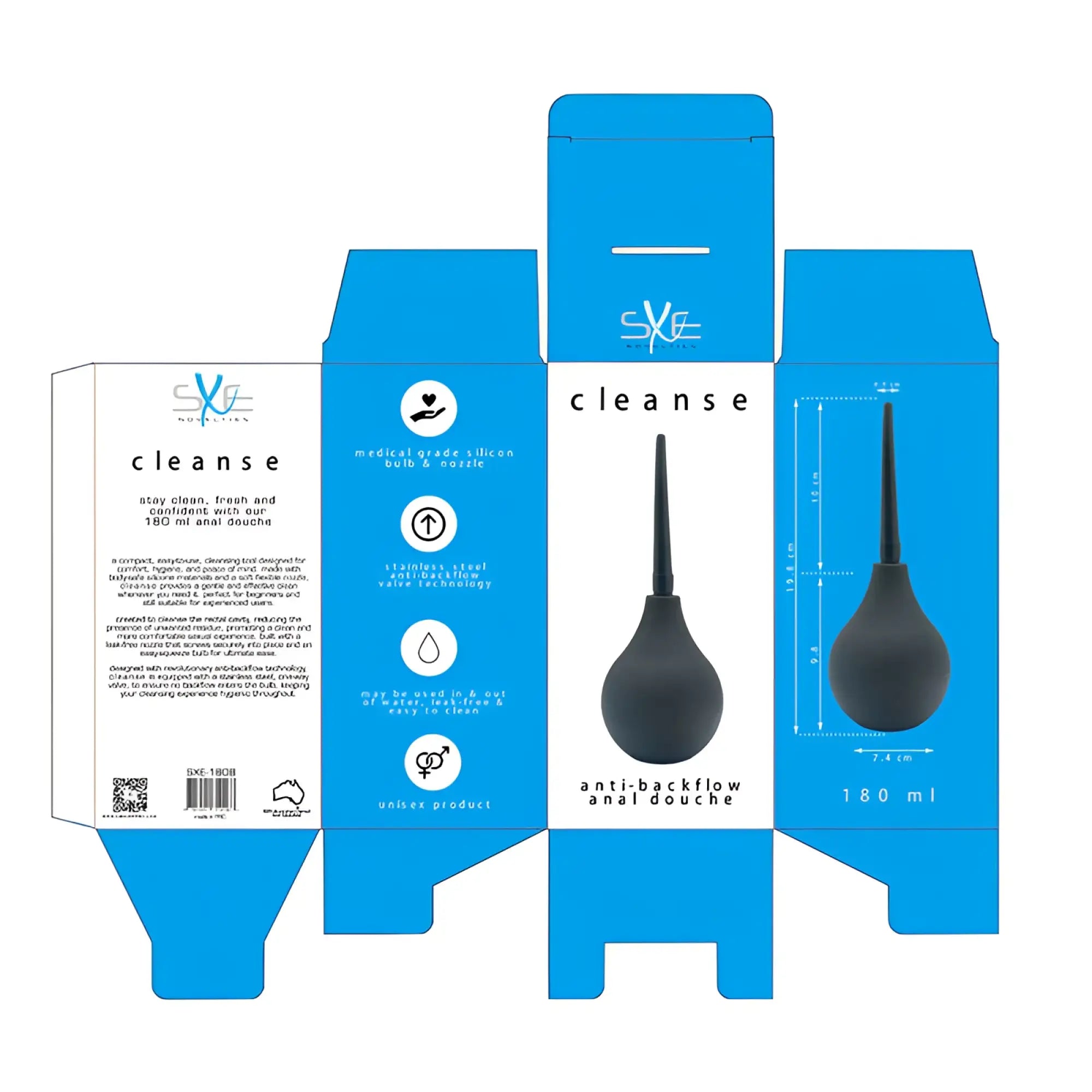 Black SXE silicone anal douche with stainless steel anti backflow valve made of medical-grade material 180ml capacity