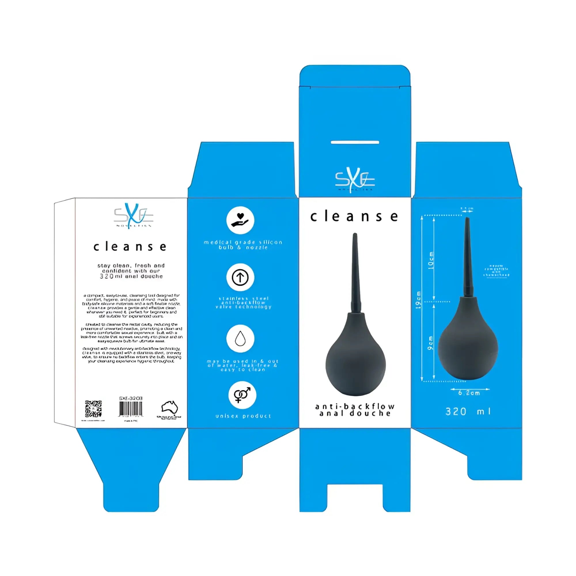 Black silicone anal douche with stainless steel nozzle sxE silicone anti-backflow douche 320ml front view