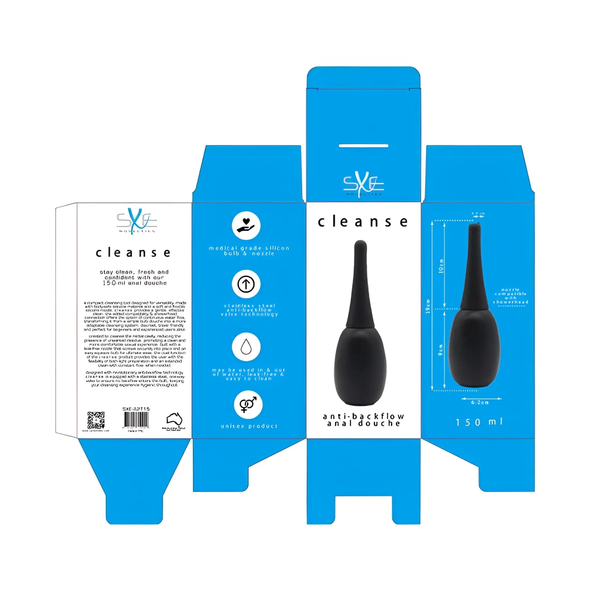 Black SXE silicone anal douche with 150ml capacity and stainless steel anti-backflow valve for safe cleaning