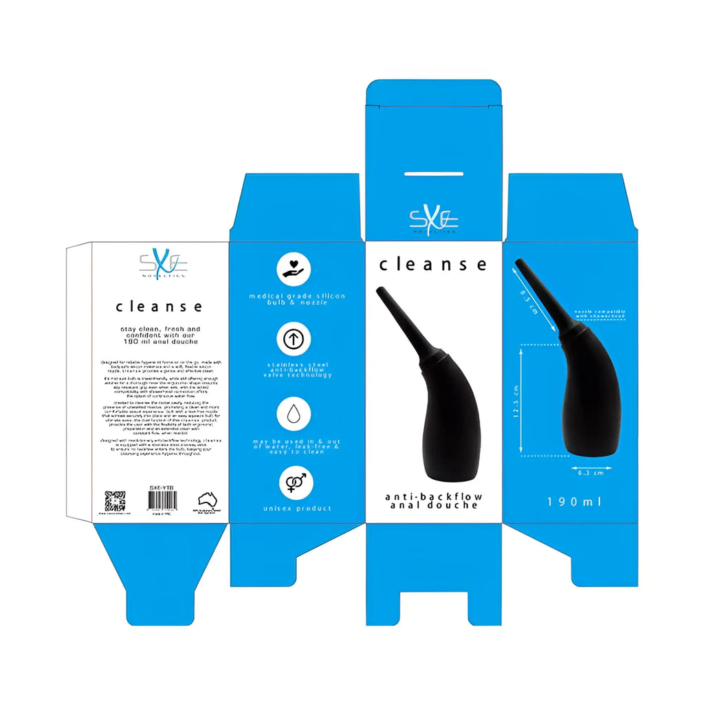 Black SXE silicone ergonomic medical-grade anal douche with stainless steel anti-backflow nozzle 190ml shown from back side