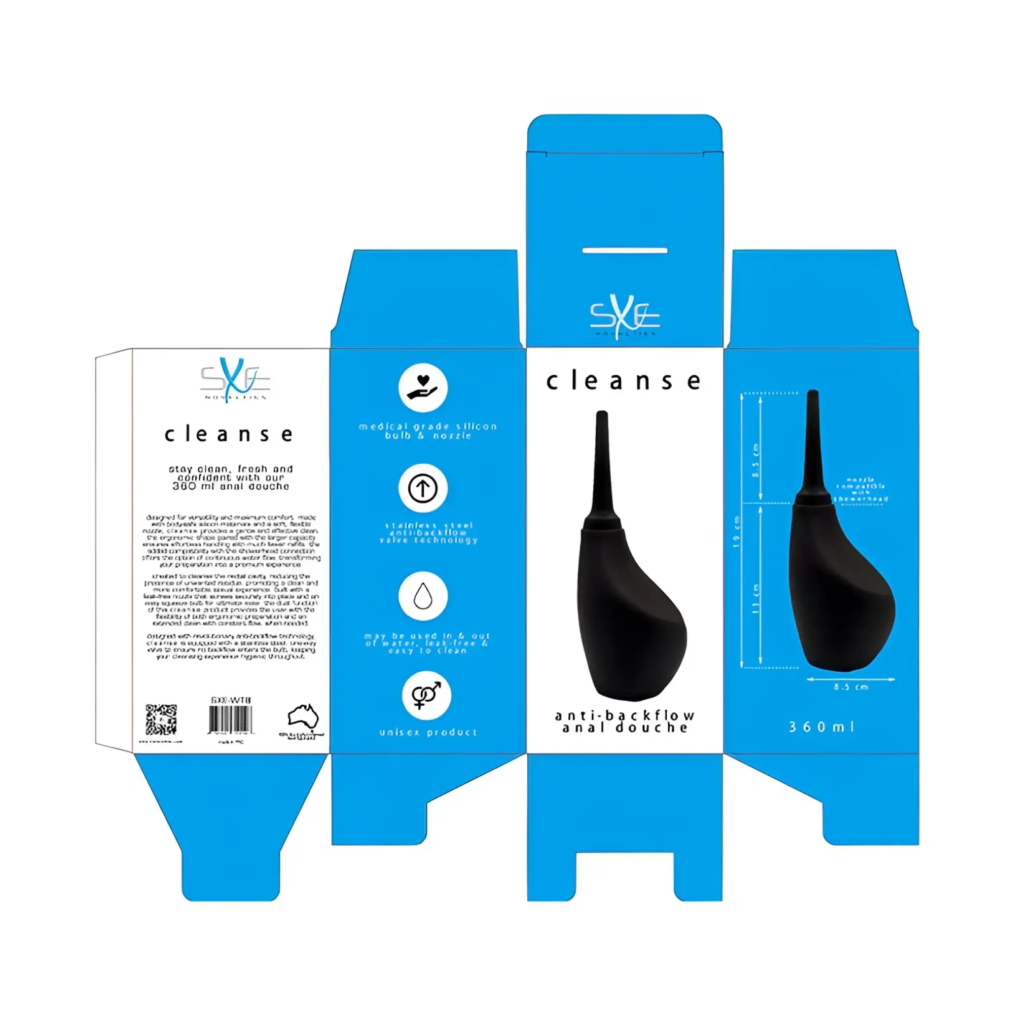 Black SXE silicone ergonomic anal douche with stainless steel anti-backflow nozzle and 360ml capacity