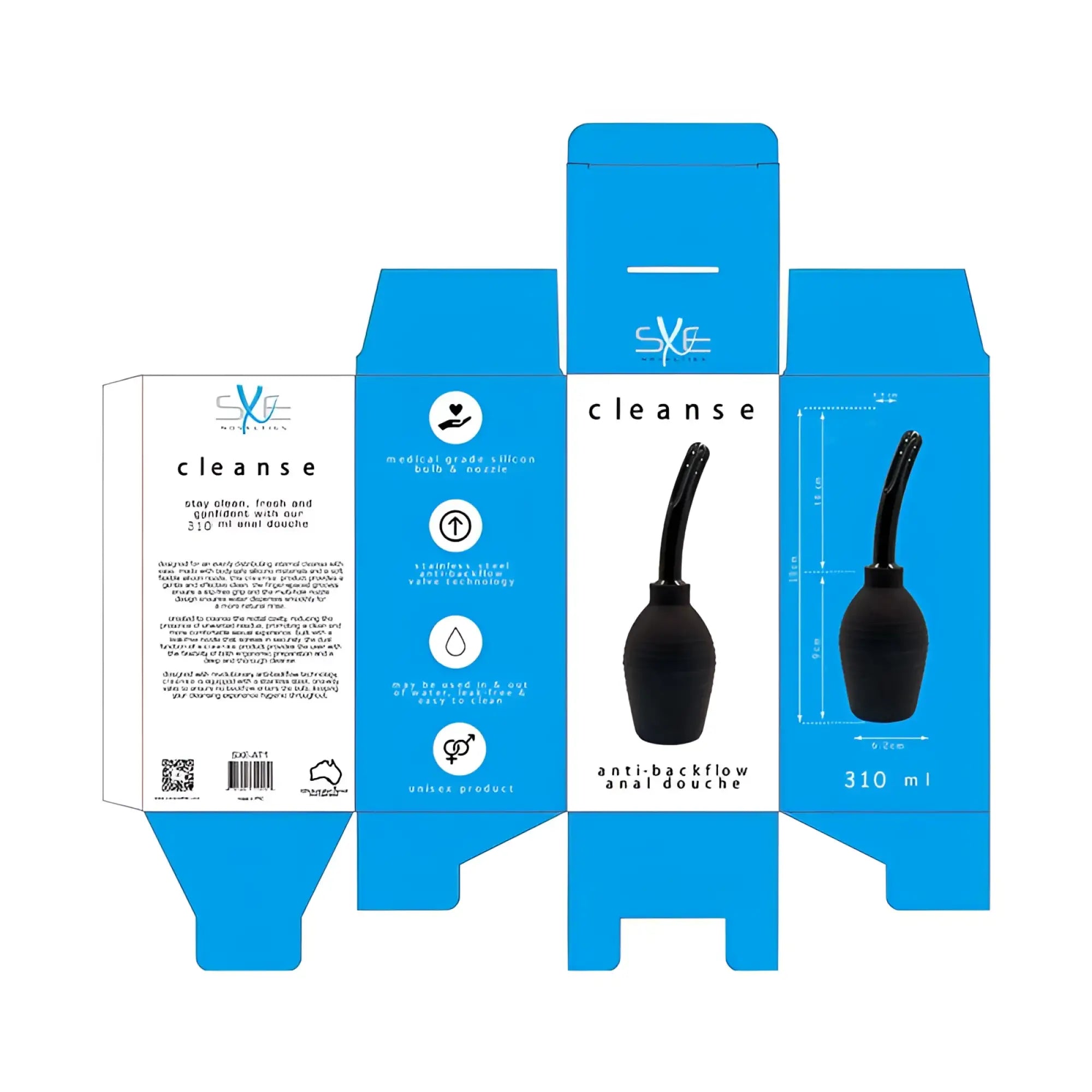 Black medical-grade silicone anal douche with stainless steel anti-backflow nozzle and 310 ml capacity by SXE