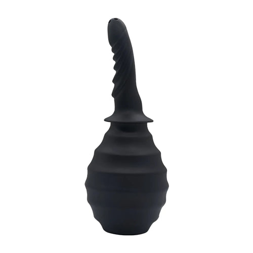 Black silicone anal douche with ribbed body and twisted nozzle designed for anti-backflow 310ml SXE model