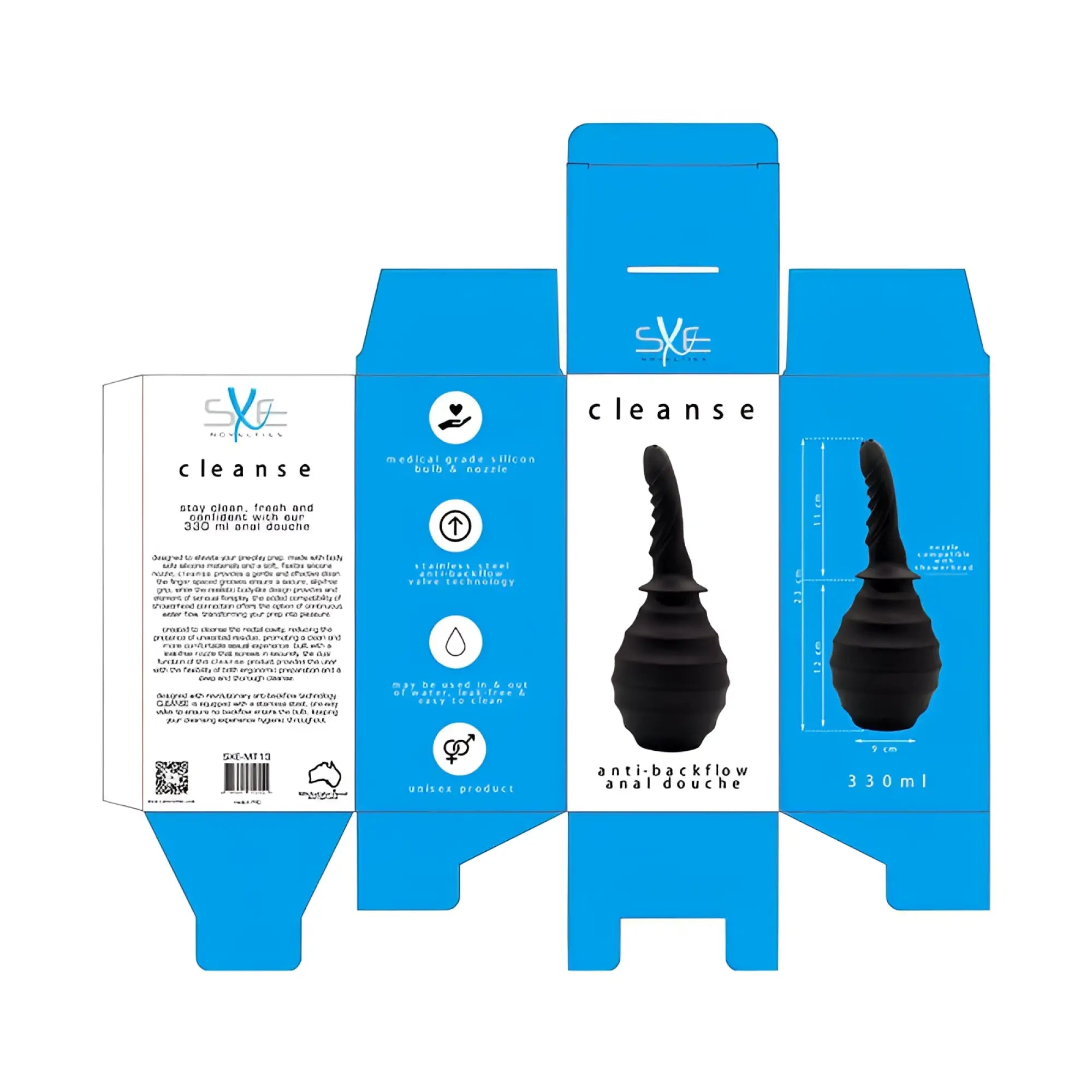 Black sxE silicone ribbed anti-backflow anal douche with stainless steel nozzle and 310ml medical-grade silicone bulb