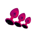 Set of three vibrant pink silicone anal plugs with black circular bases from sxe stainless steel comfort 3 pc butt plug set