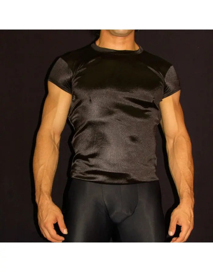 Black satin short sleeve t-shirt by Arroyman featuring a sleek fit and smooth texture worn by a model.