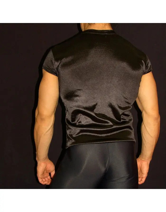 Men's black satin extra short sleeve t-shirt by Arroyman featuring a smooth finish and fitted design shown from the back.