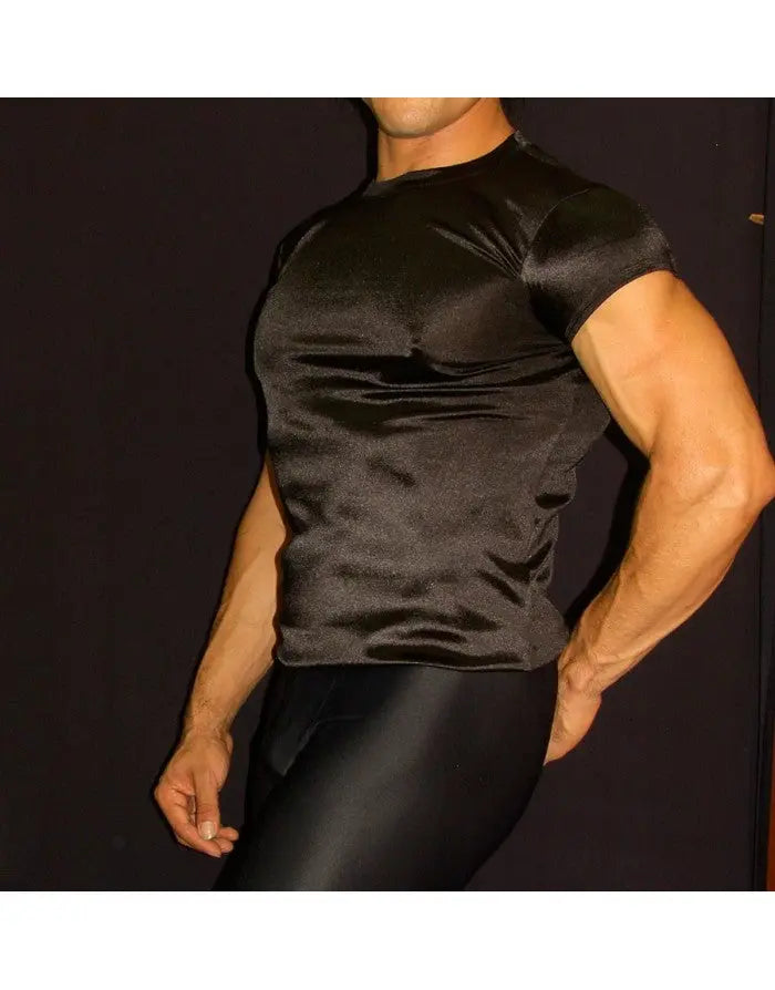 Black satin extra short sleeve t-shirt by Arroyman featuring a fitted design and smooth texture worn by a model.