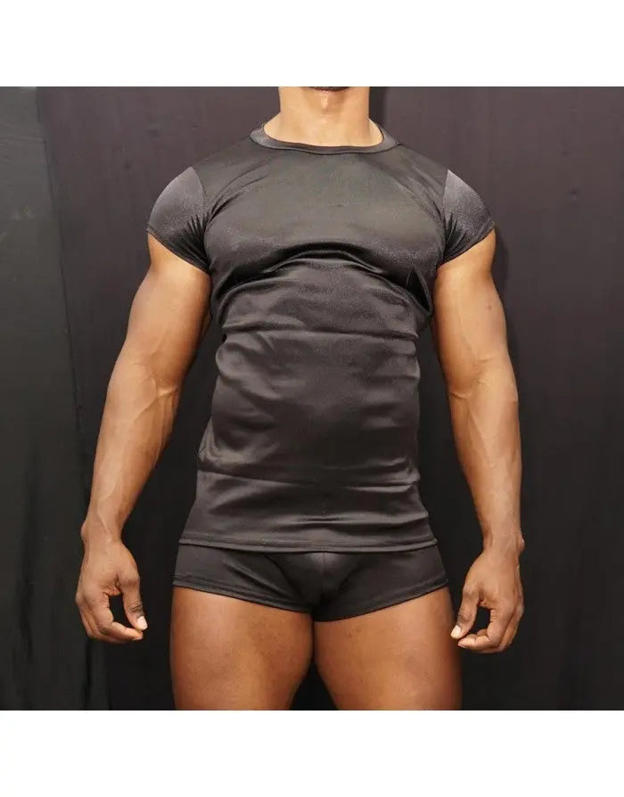 Black satin extra short sleeve t-shirt by Arroyman featuring a fitted design and smooth fabric worn by a model.