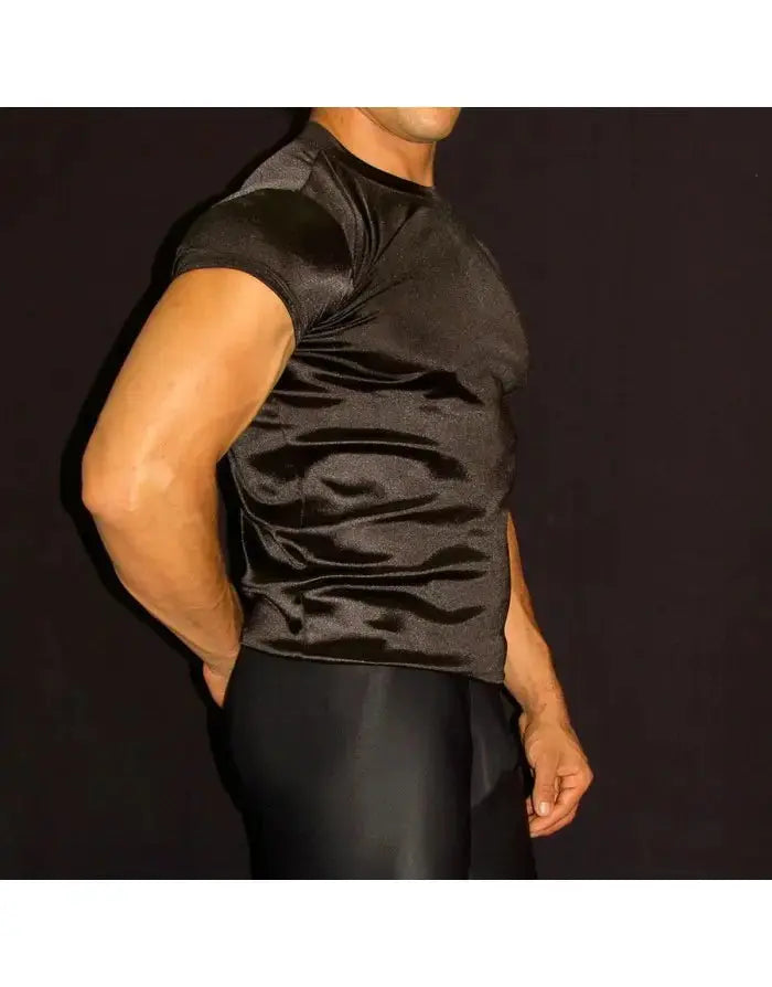 Black satin short sleeve t-shirt by Arroyman featuring a fitted design and smooth texture worn by a model.