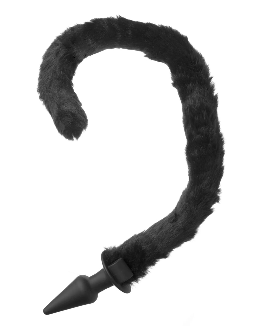 Black faux fur tail with silicone anal plug and plastic tip from tailz bad kitty product shown from the back side