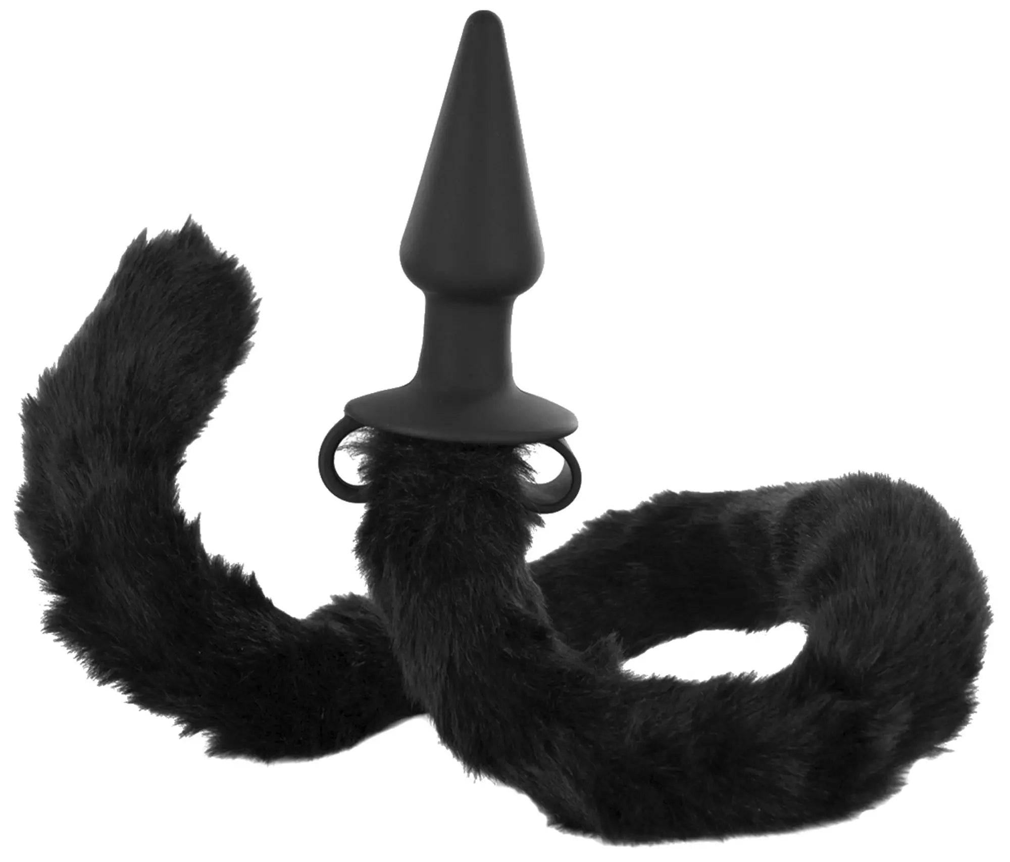 Black silicone anal plug with a fuzzy black faux fur tail attached from tailz bad kitty silicone cat tail anal plug