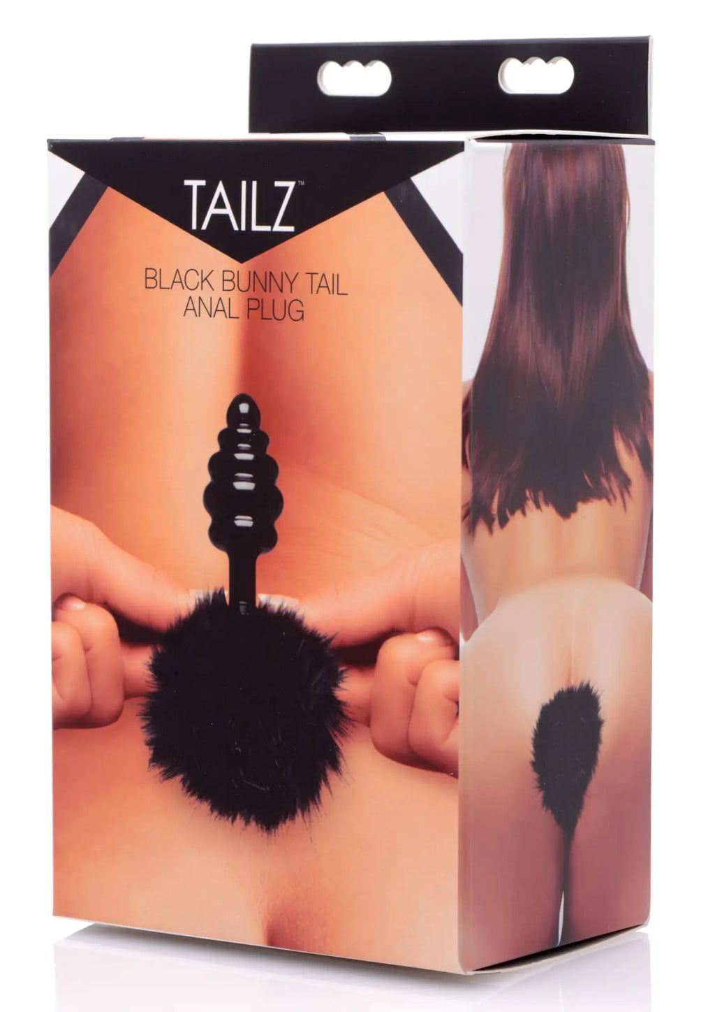 Tailz black bunny tail anal plug with a black furry pom-pom base and segmented tapered shaft
